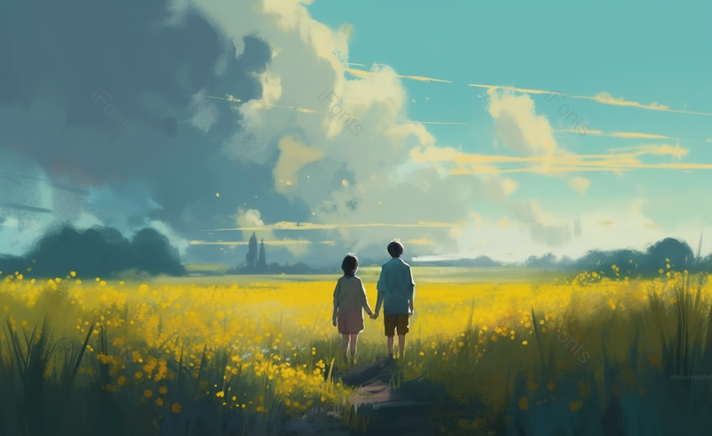 情侣田野牵手散步520情人节插画手绘场景,插画/手绘图,插画/手绘图库,插画/手绘图下载,插画/手绘